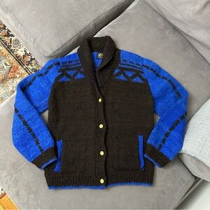 Vintage Wild Wooly Men’s Large Blue & Brown Cardigan Spin Virgin Wool Hand Knit